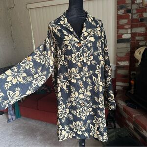 🦋 Cole Vintage Black & Tan Hibiscus Floral Button Down Oversized Cover Up Blouse